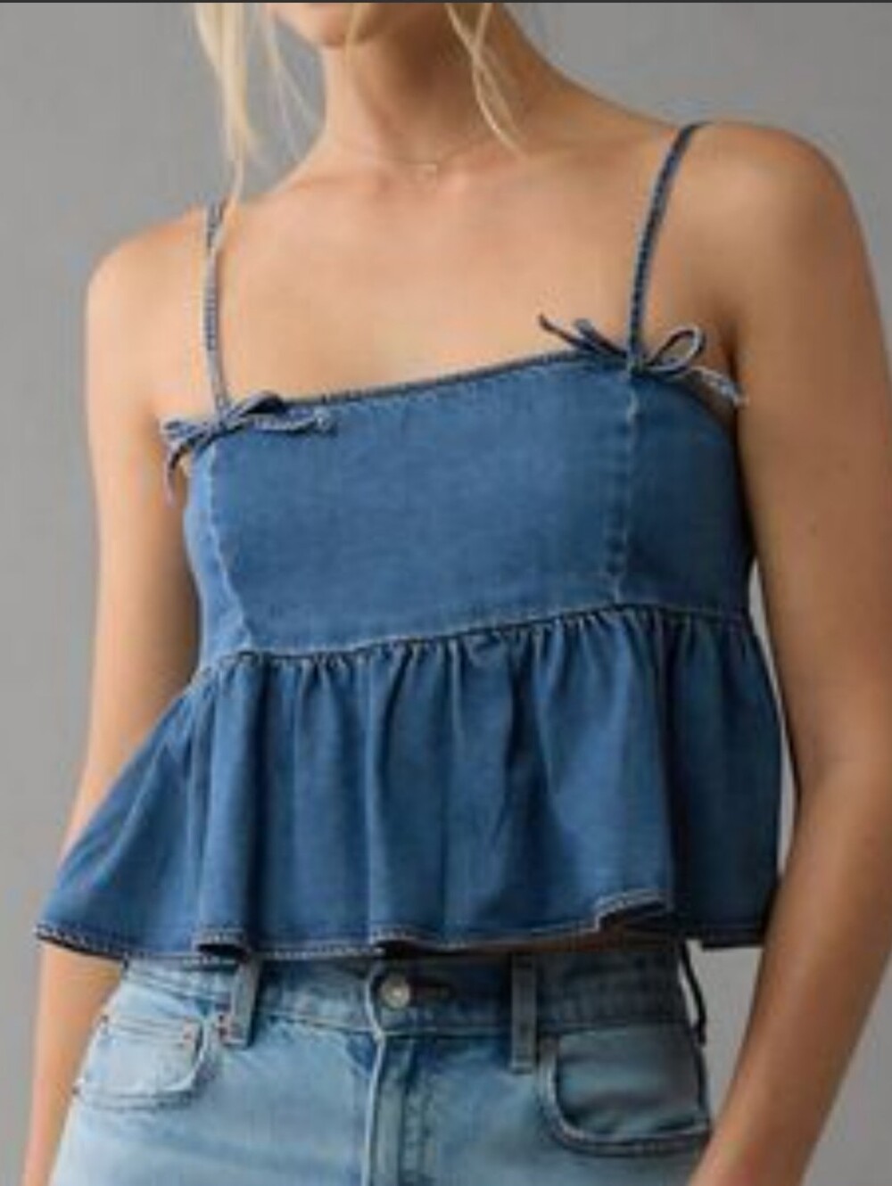 AEO Denim Bow-Detail Spaghetti Strap Peplum Top - Size M - Picture 5 of 13